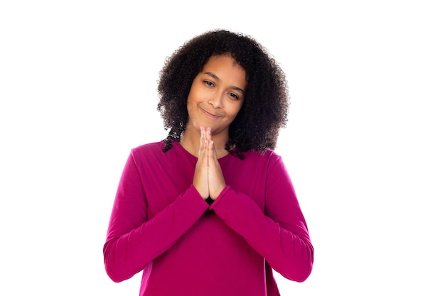 Teenager girl with afro hair wearing pink sweater isolated  