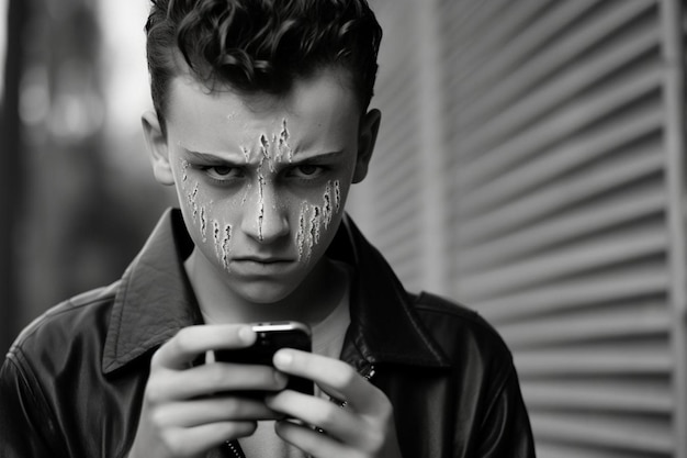 Photo a teenager looking at their phone with tears bullying photos867jpg