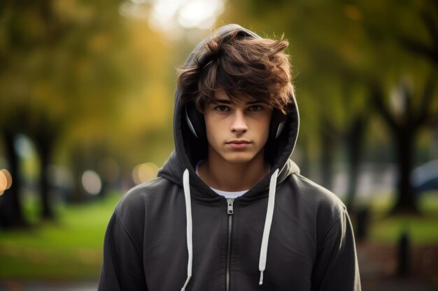 A Teenager Lost in Music A Candid Portrait of a Young Man with a Mop of Hair Wearing a Hoodie