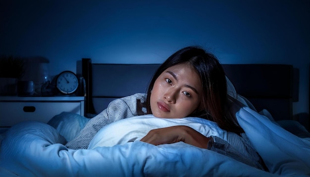 A teenager lying in bed struggling with sleeplessness and tossing and turning