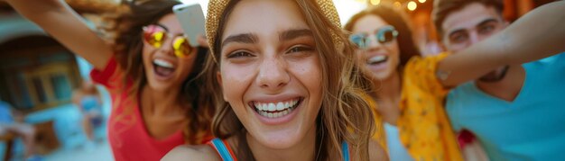 A teenager making goofy faces a playful selfie with friends at a party