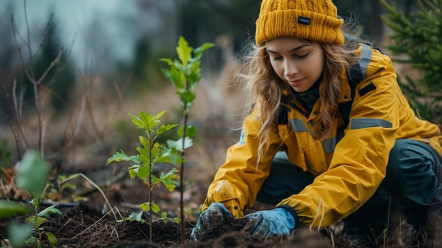 A Teenager Planting Young Trees Forest Backdrop Reforestation Arbor Day Earth Day AI Generated