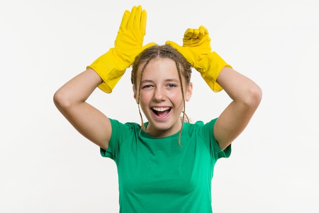 Teenager in protective gloves