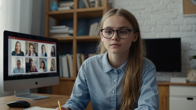 Photo teenager schoolgirl distance learning online at home