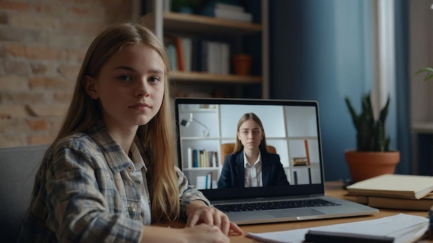 Teenager Schoolgirl Distance Learning Online at Home