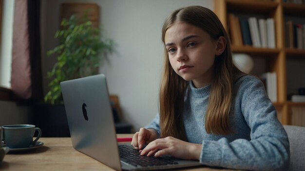 Teenager Schoolgirl Distance Learning Online at Home