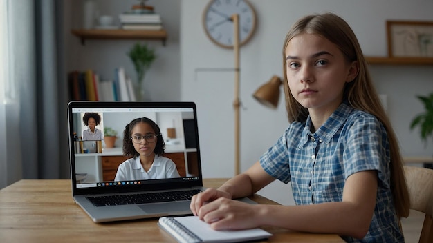 Teenager Schoolgirl Distance Learning Online at Home