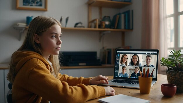 Photo teenager schoolgirl distance learning online at home