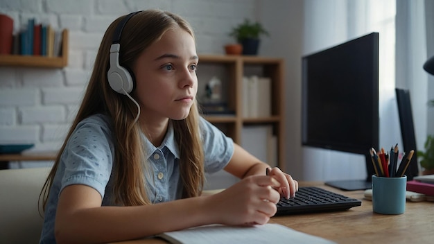 Photo teenager schoolgirl distance learning online at home