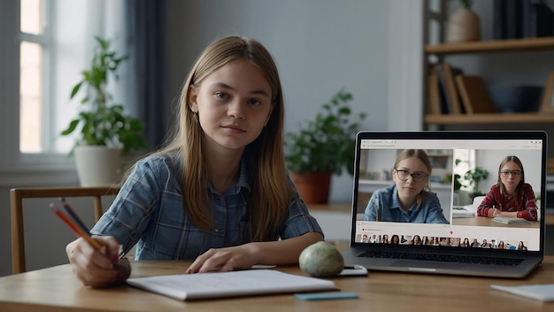 Photo teenager schoolgirl distance learning online at home