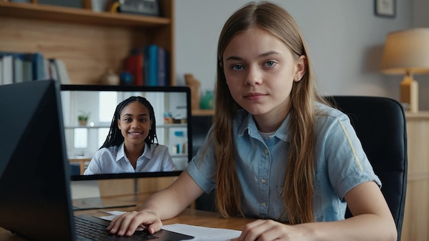 Teenager Schoolgirl Distance Learning Online at Home