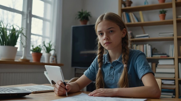 Photo teenager schoolgirl distance learning online at home