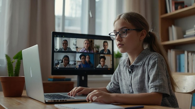 Teenager Schoolgirl Distance Learning Online at Home