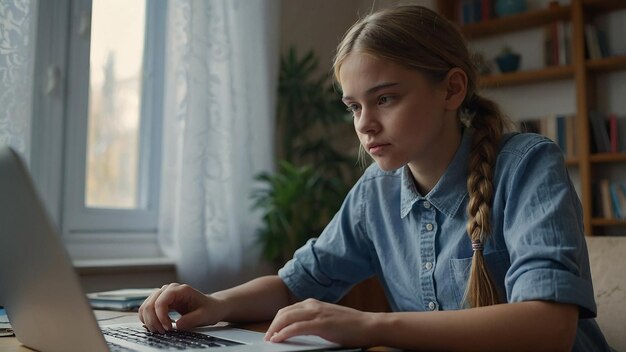 Teenager Schoolgirl Distance Learning Online at Home