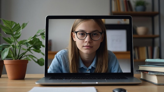 Photo teenager schoolgirl distance learning online at home