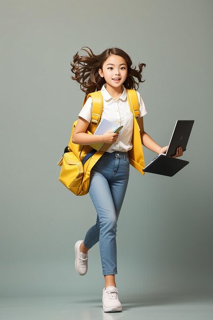 Teenager schoolgirl hold notebook laptop School children on isolated yellow studio background Run and jump jumping kid