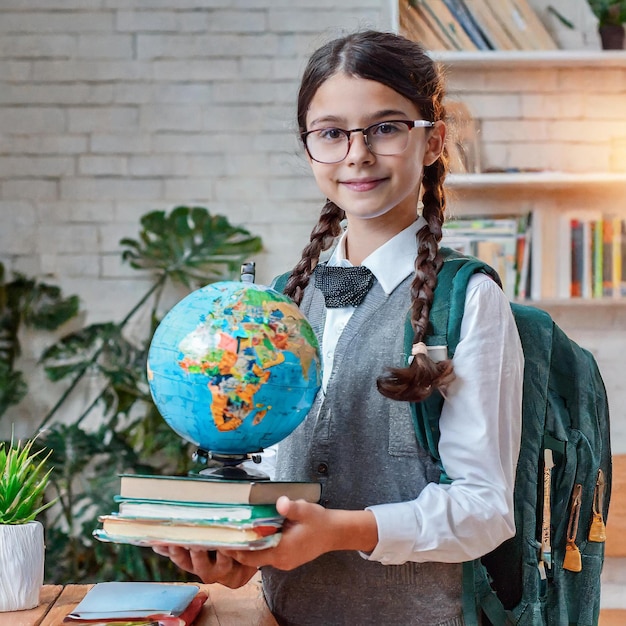 teenager in science a girl with pigtails holds a globe and books of world countries