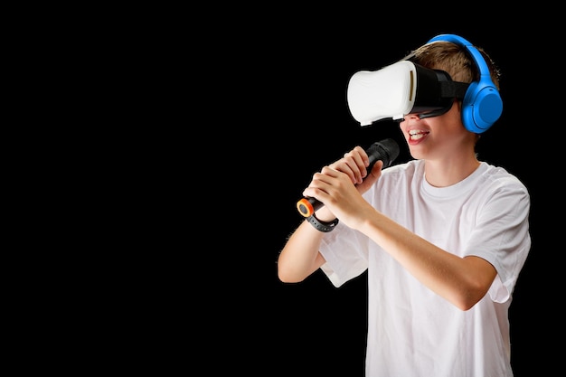 Teenager use modern technologies for entertainment or education VR musician concept