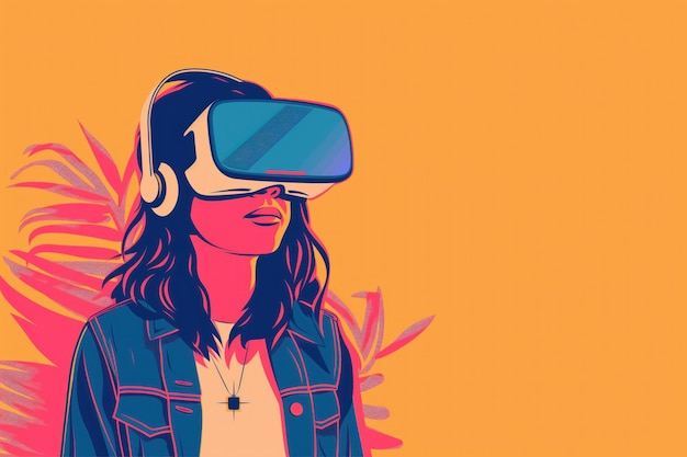 Teenager in VR headset explores virtual world Minimalist illustration vivid colors modern tech