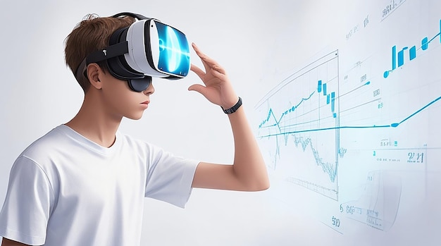 Teenager wearing a white tshirt using virtual reality glasses with technology