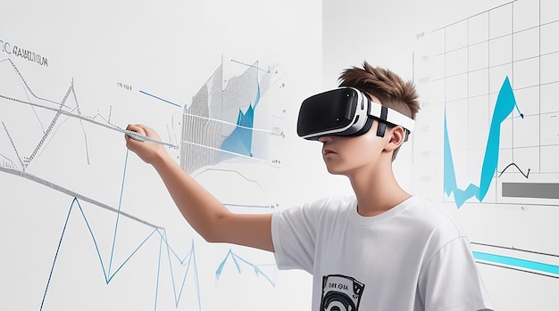 Teenager wearing a white tshirt using virtual reality glasses with technology