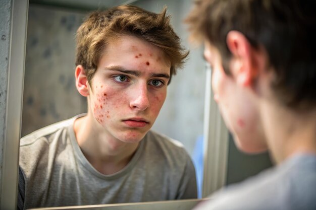 Photo teenager with acne looks distressed in bathroom mirror reflecting daily struggle generative ai