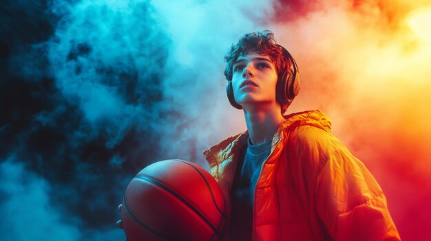 Photo teenager with basketball and headphones in colorful smoke background youth sports and music concept