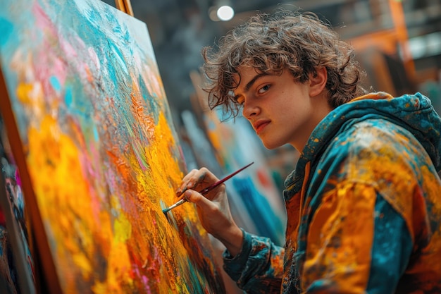 Photo teenager with down syndrome creating a vibrant painting in an art studio surrounded by supportive artists expressing creativity and joy