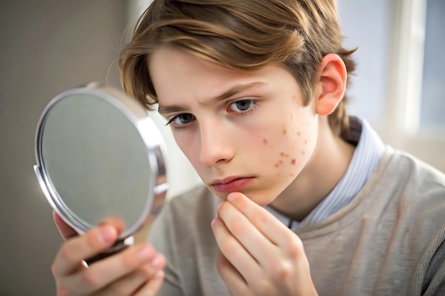 Photo teenager with pimple looking in handheld mirror