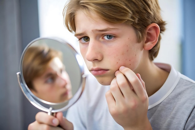 Photo teenager with pimple looking in handheld mirror