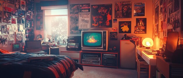 Photo teenagers 1990s bedroom decorated with posters