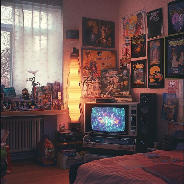 Photo teenagers 1990s bedroom decorated with posters