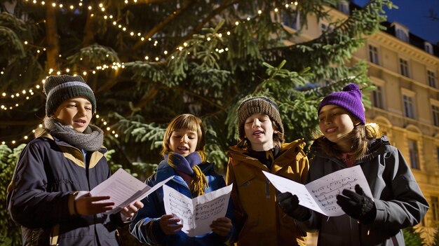 Photo teenagers carolers singing traditional