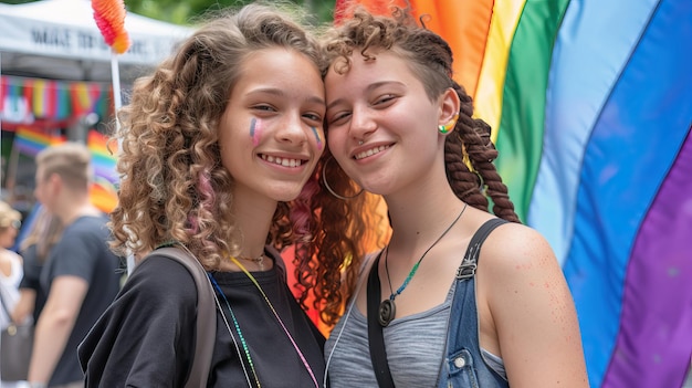 Photo teenagers holding rainbow flags at a pride parade ai generated image