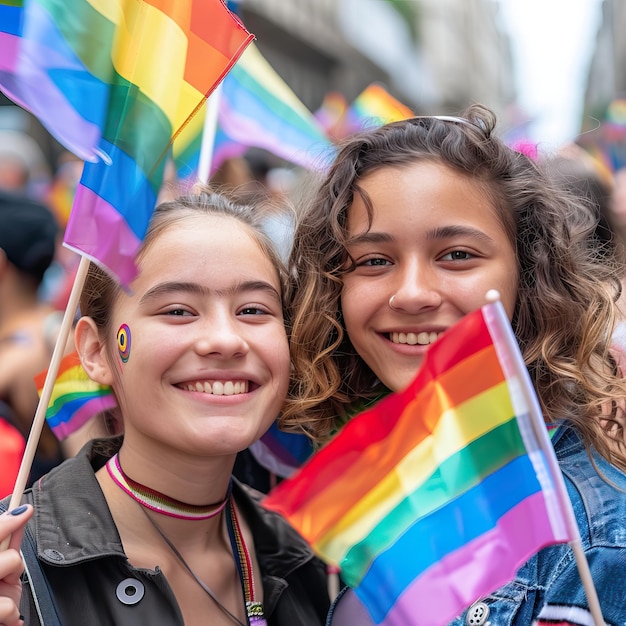 Photo teenagers holding rainbow flags at a pride parade ai generated image