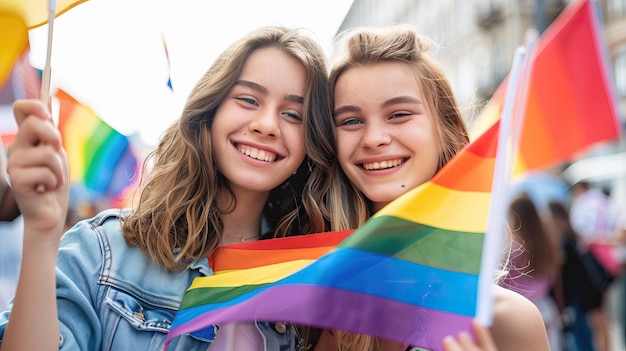 Photo teenagers holding rainbow flags at a pride parade ai generated image