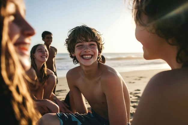 Photo teenagers laughing and playing on the beach outdoor summer activity