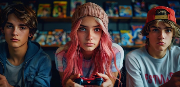 Photo teenagers playing video games in a living room at night