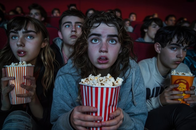 Teenagers sitting together snacking on popcorn watching a movie in a theater A group of teenagers snacking on popcorn at the movies