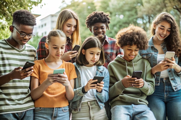 Photo teenagers using phone on white background