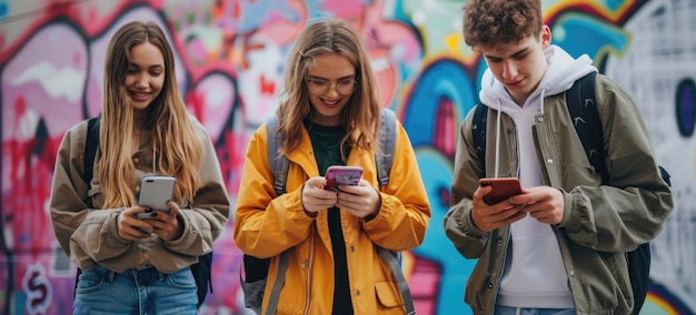 Photo teenagers using smartphones against graffiti wall in urban setting