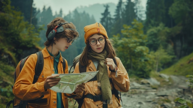 Photo teenagers in vintage clothing examine hiking map in wes anderson aesthetic setting