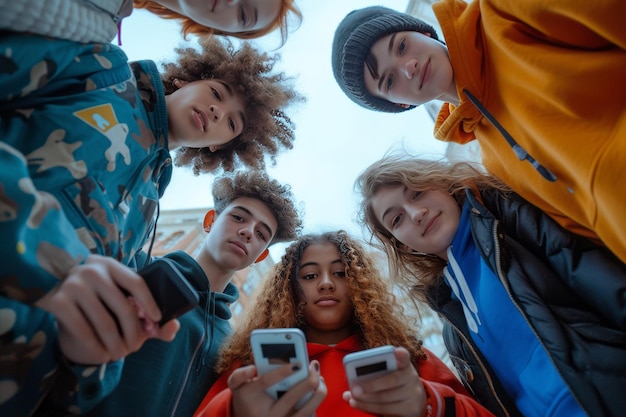 Photo teens in circle holding smart mobile phones multicultural young people using cellphones