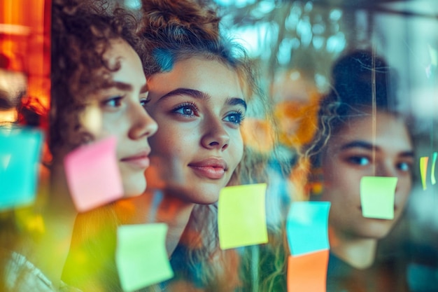 Photo teens collaborate and brainstorm with sticky notes working together as a team for their project