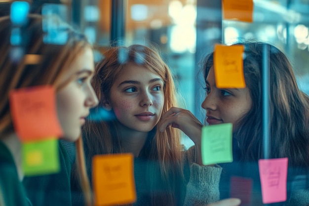 Photo teens collaborate and brainstorm with sticky notes working together as a team for their project