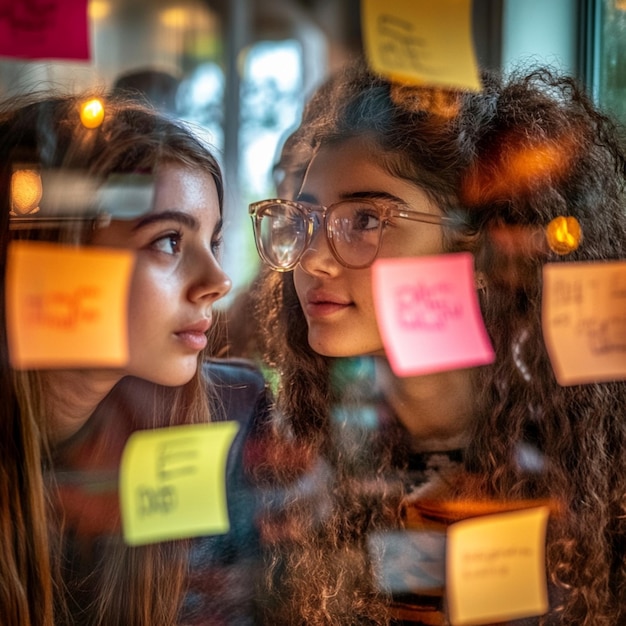 Photo teens collaborate and brainstorm with sticky notes working together as a team for their project