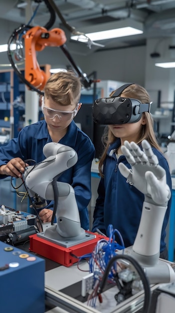 Photo teens doing experiments in robotics in a laboratory boy in protective glasses and girl in vr headse