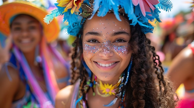 Teens taking selfies their carnival costumes