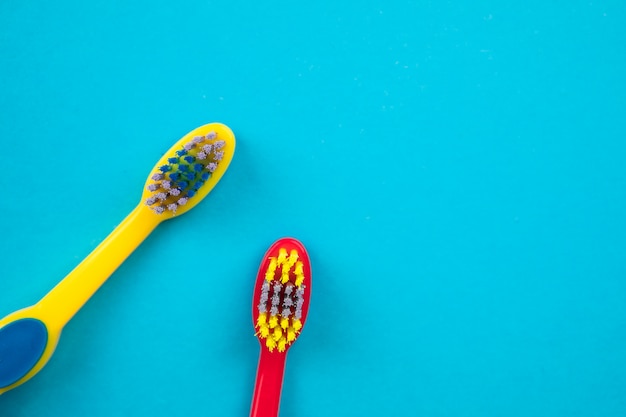 Teeth brushing concept. Toothbrushes on top view	