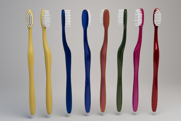 teeth cleaning multi-colored toothbrushes on a white background.